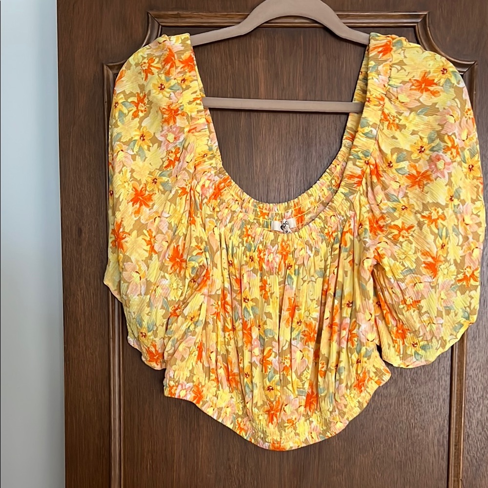 Floral Puff Sleeve Top - Yellow and Orange